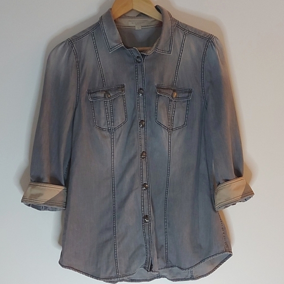 Burberry Brit Gray Chambray Button Down Shirt with Plaid Cuffs Size Large - Picture 1 of 6